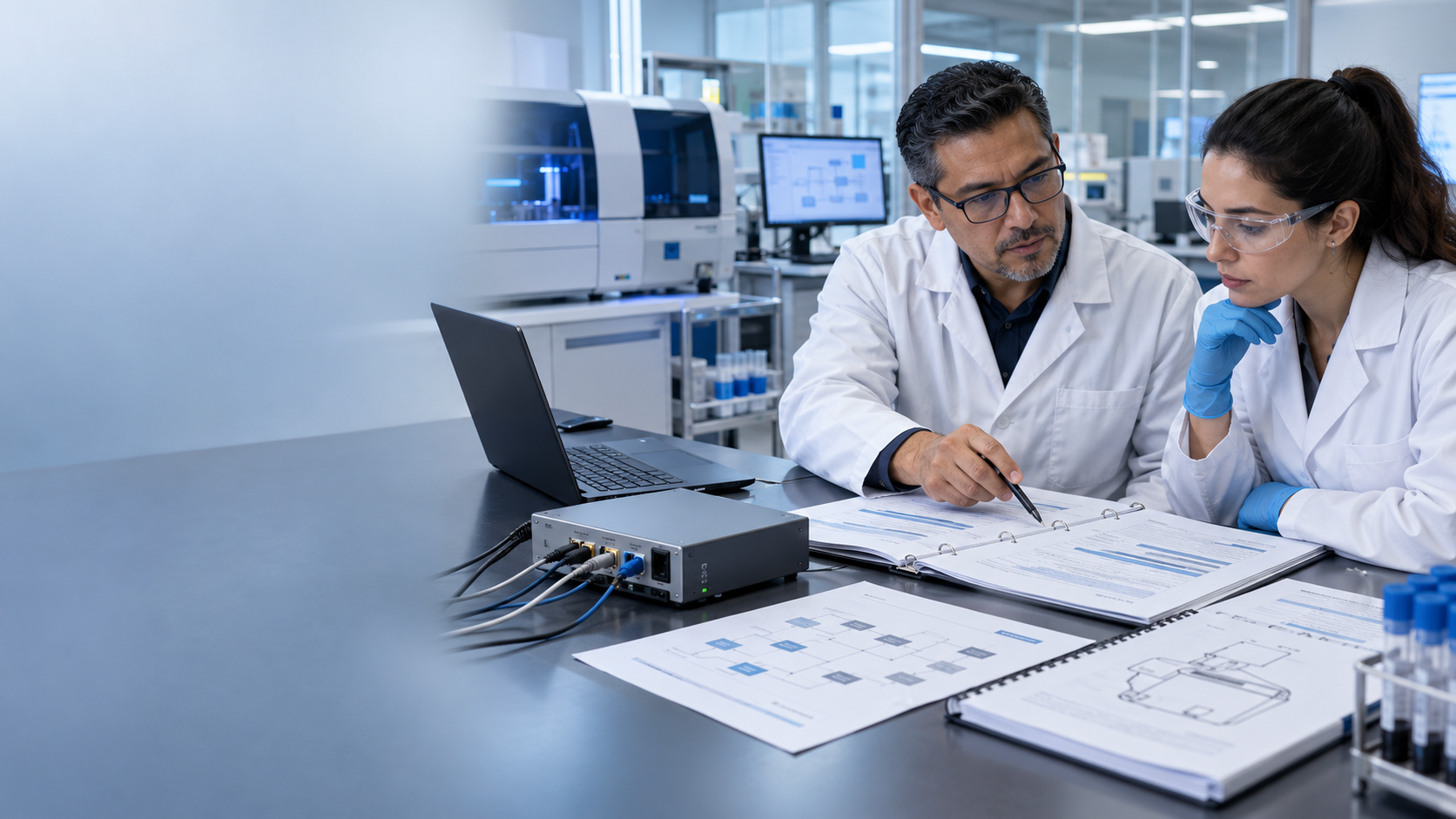 Especialista consultando documentación técnica sobre interoperabilidad clínica