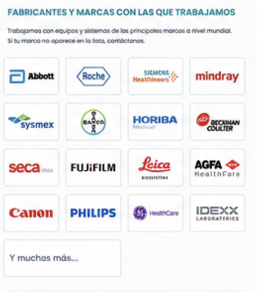 Ejemplos de fabricantes y marcas de equipos médicos y de laboratorio con los que trabaja LabControl